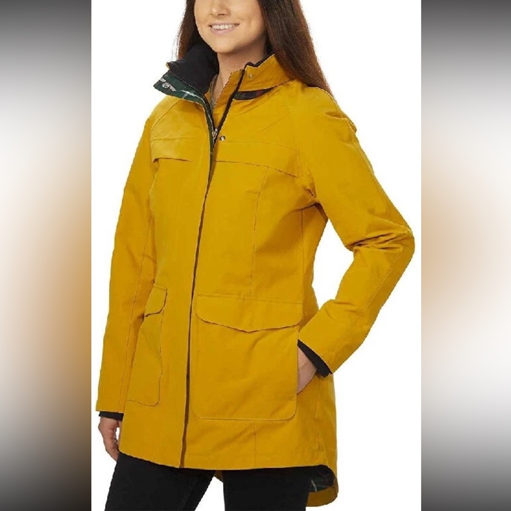 Pendleton Hooded Mid Length Rain Jacket in Mustard Yellow & Plaid